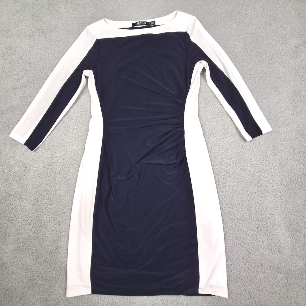 Lauren Ralph Lauren Sheath Dress Womens 8P Navy Blue White Colorblock Career